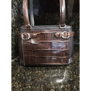 Brighton Lydia Organizer Black Leather Brown Croc Embossed Shoulder Handbag